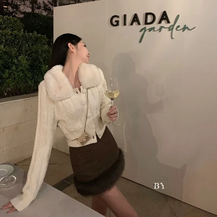 

Spicy Girl Faux Fur Collar Knitted Sweater Coat Women's ort Thiened Slimming Autumn Winter New Sle Faionable Top