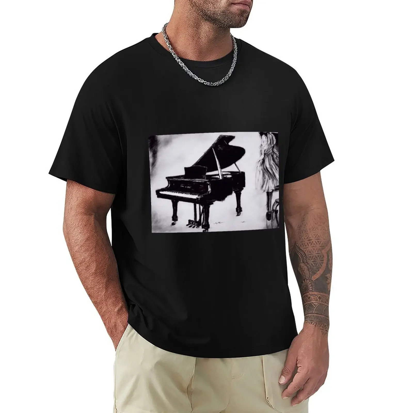 

Piano T-shirt cute tops kawaii clothes Men's t shirts 2024 heavyweight new arrival manga style funny round neck cotton for men