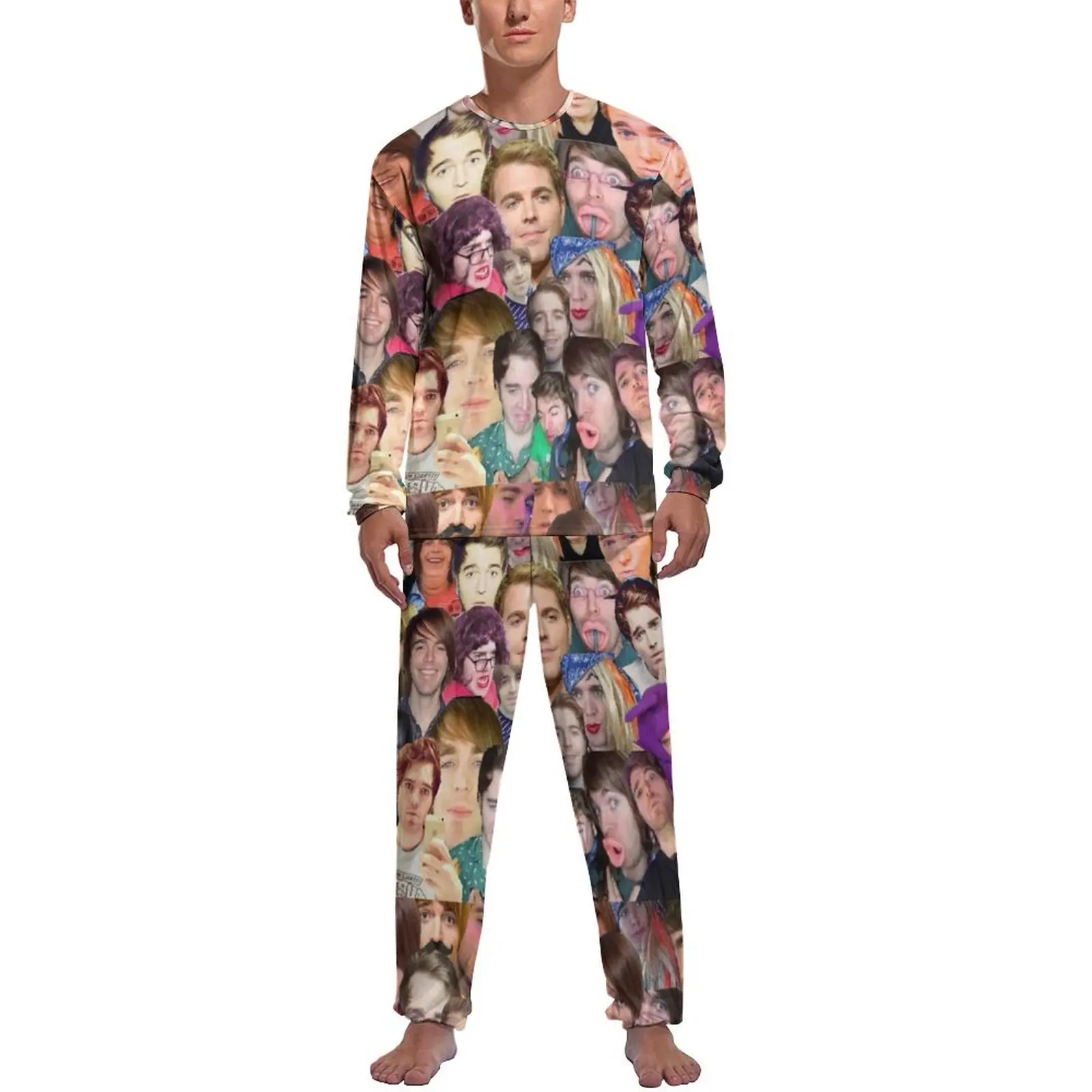 Meme Print Pajamas Shane Dawson Collage Men Long Sleeve Pajama Sets 2 Pieces Bedroom Spring Design Home Suit Birthday Gift