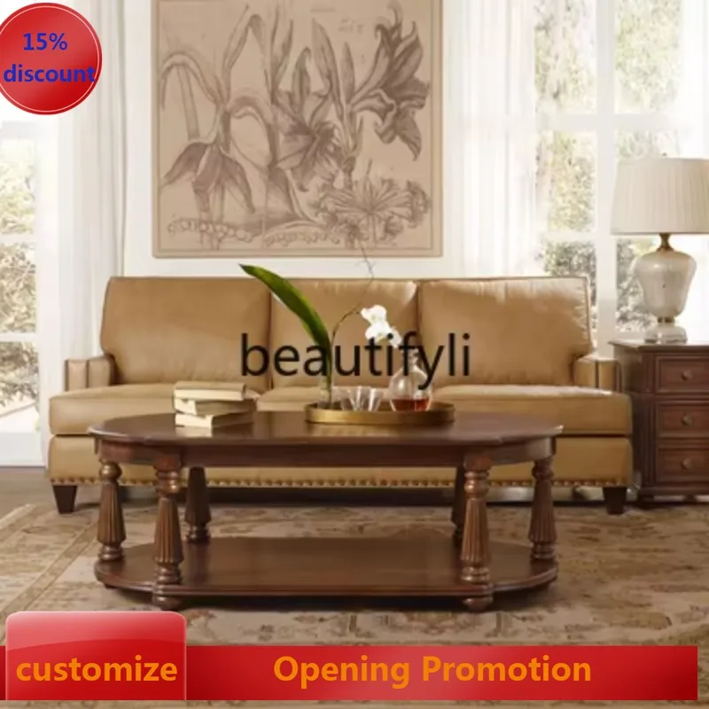 

American Country Style Solid Wood Vintage Distressed Full Set French Living Room Simple Light Luxury Oval Coffee Table G1218