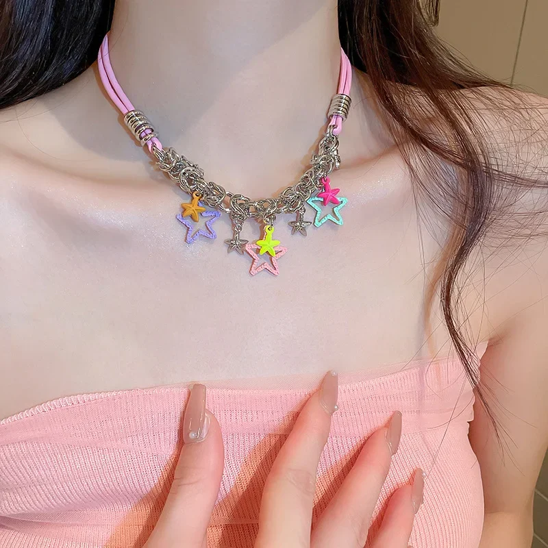 

Five-Pointed Star Necklace For Women Leather Patchwork Clavicle Chain Jewelry Party Girls Accessories