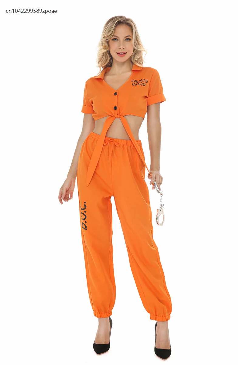 Carnival Cosplay Adult Prisoner Costume Women Outfits Top Pants Handcuff Suit Orange Letter Print Street Hip Hop Split Tie Shirt