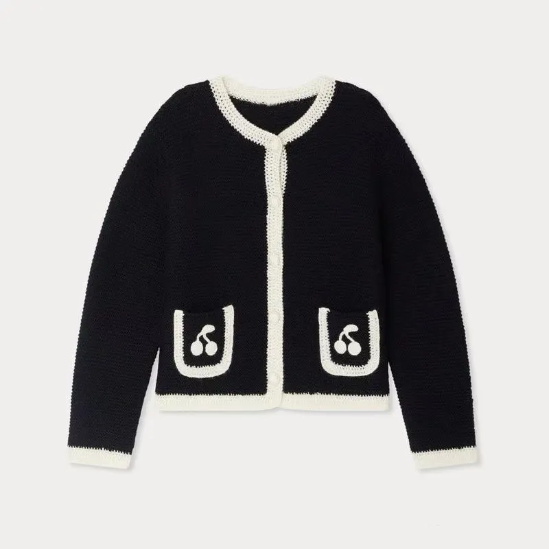 

Детская одежда для девочек, детское пальто, темно-синее вязаное крючком кардиган ручной работы с вишневым узором, карманный вязаный кардиган, свитер для девочек, пальто