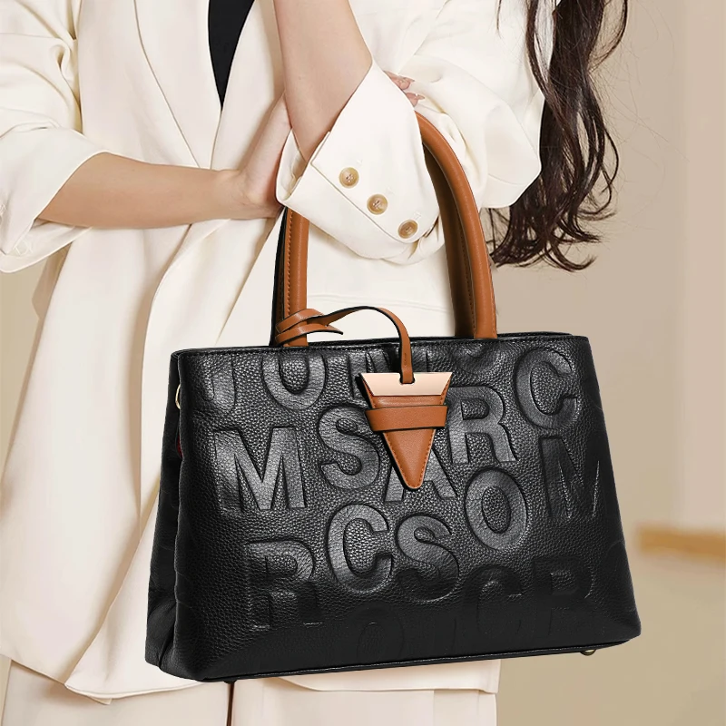 Genuine Cowhide Leather Women Tote Bag, Embossed Letter Handbag with Contrast Handle for Work Travel Daily Use
