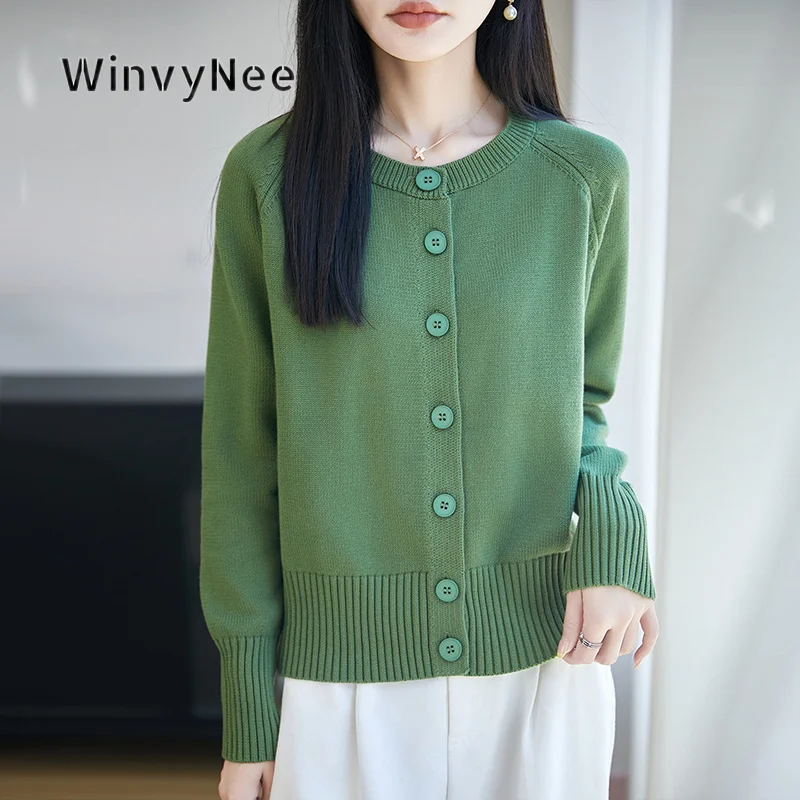 WinvyNee Women Knitted Cardigan Single Breasted Ribbed Hem Cuffs 100% Cotton Round Neck Raglan Sleeve Soft Knit Simple ZB1892038