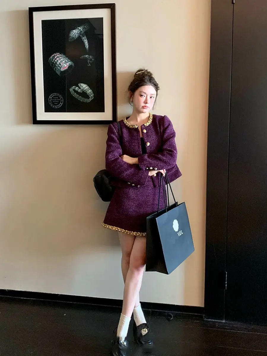 Skirt Suit High Quality French Vintage Two Piece Set Women Outfit Elegant Fashion Jacket Coat + Mini Skirt 2 Piece Sets