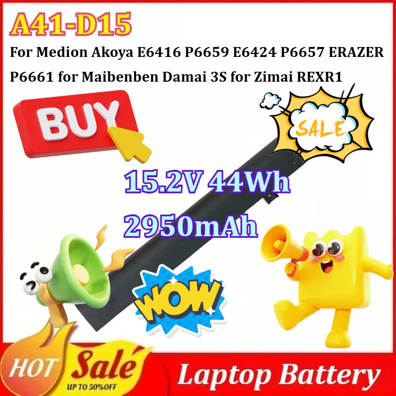 

A41-D15 15.2V 2950mAh Laptop Battery for Medion Akoya E6416 P6659 E6424 P6657 ERAZER P6661 for Maibenben Damai 3S Zimai REXR1