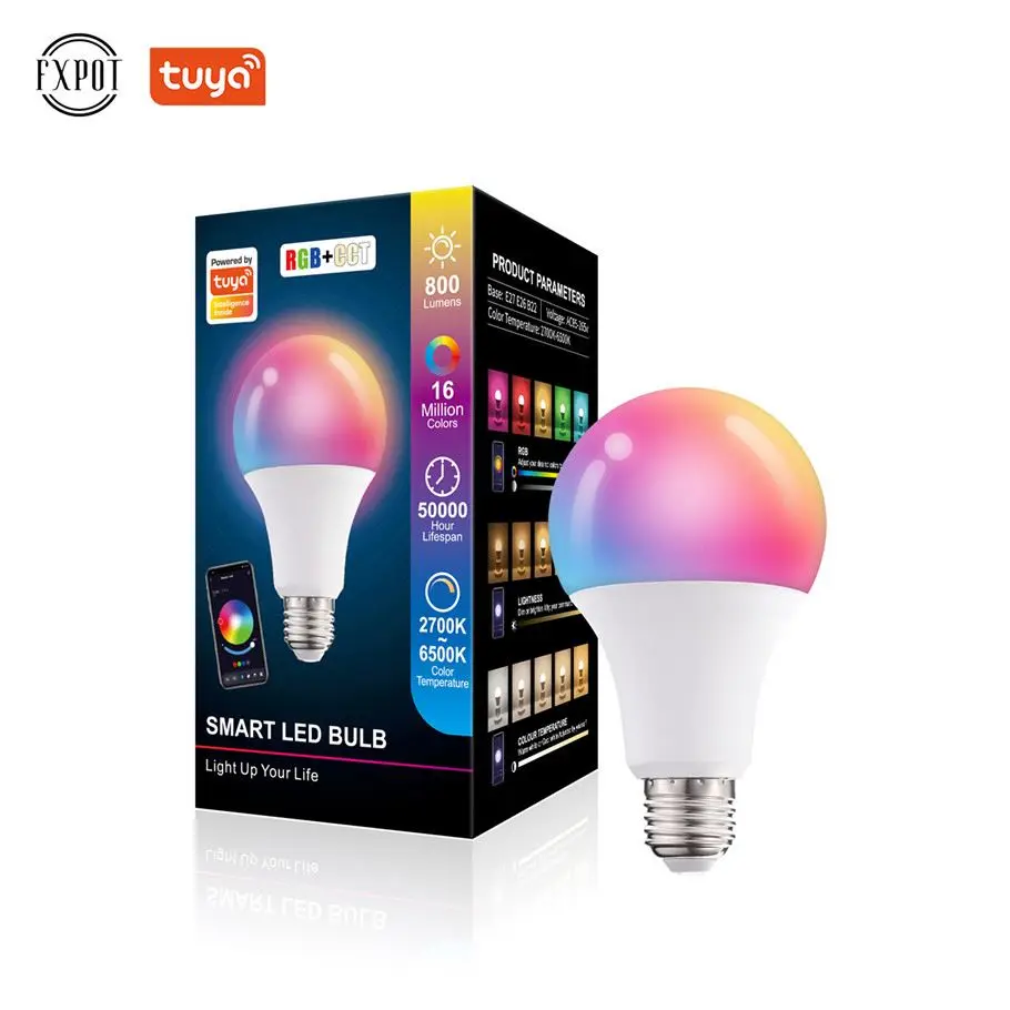 

Fxpot Smart Led Light 2022 New Color Changing Tuya Alexa Lamp Bluetooth Light Bulb 10W Rgb Multicolor E27 Led Smart Bulb