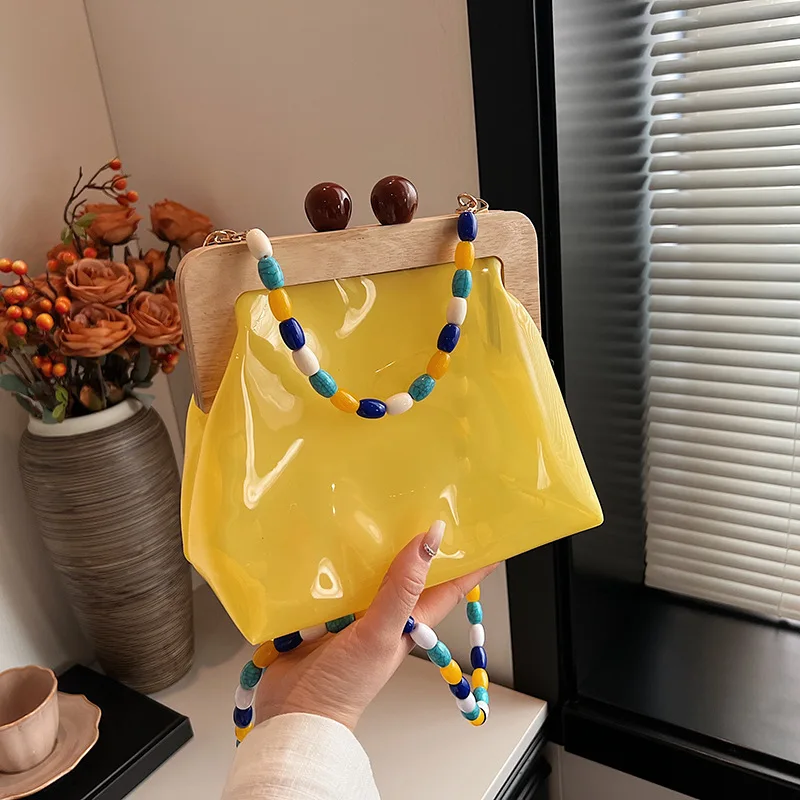 Summer Fashion PVC Transparent Jelly Bag For Women Pink Yellow Clear Khaki Small Shoulder Bag Crossbody Daily Beaded Handbags