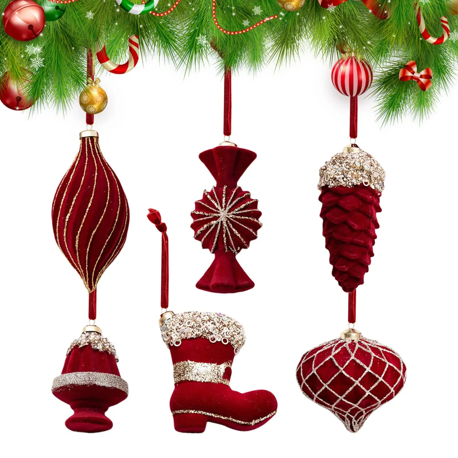 

6 шт., винно-красные плюшевые конфеты, сосновые шишки, украшение для рождественской елки, флокированные рождественские тематические шары, украшение для гостиной