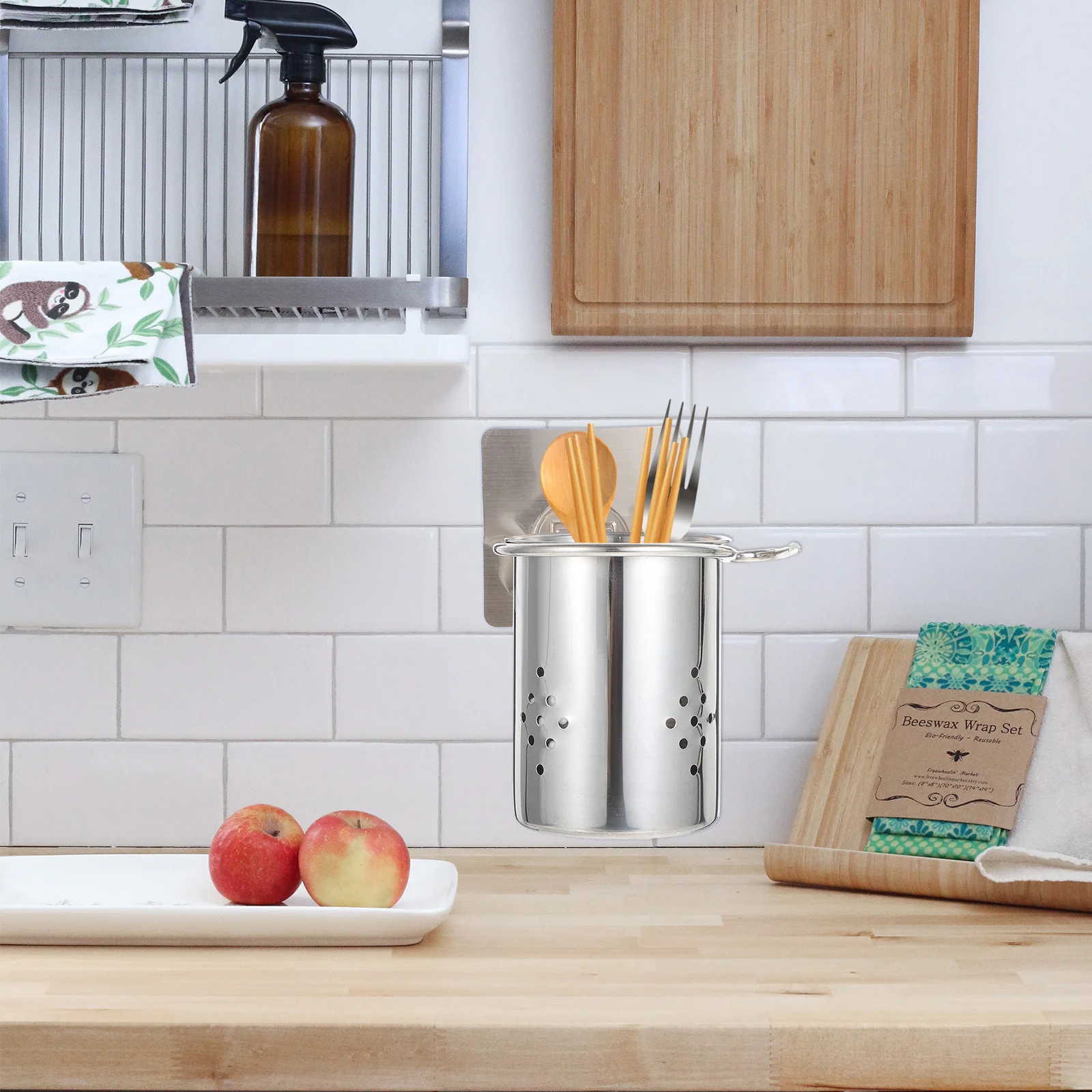 

Настенный держатель для палочек для еды, органайзер для посуды из нержавеющей стали со сливными отверстиями, компактная кухонная стойка для хранения