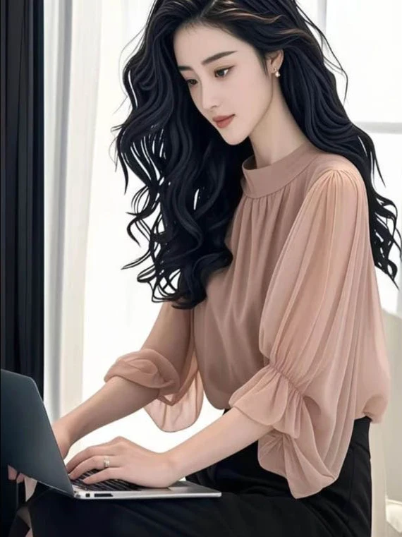 

Elegant Unique Personality Milk Tea Nude Pink Top Fashion Design Summer New Arrival Women's Loose Fit Lantern Sleeve round Neck