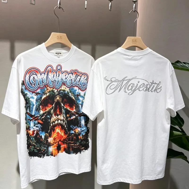 Skull Mountain Airplane Print Hotfix Rhinestone Letter Summer MAJESTIK Tshirt White Round Neck Short Sleeve Men Women Cotton Tee
