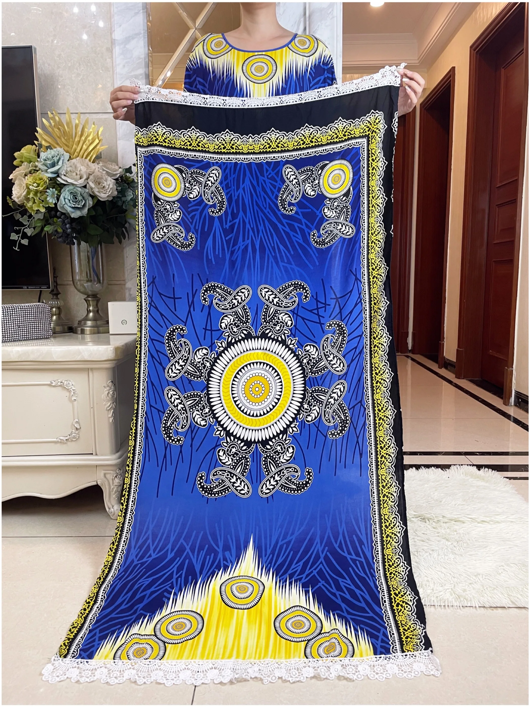 New Summer Party Dress Short Sleeve With Big Scarf Printing Floral Loose Boubou Maxi Islam Women African Abaya Clothes