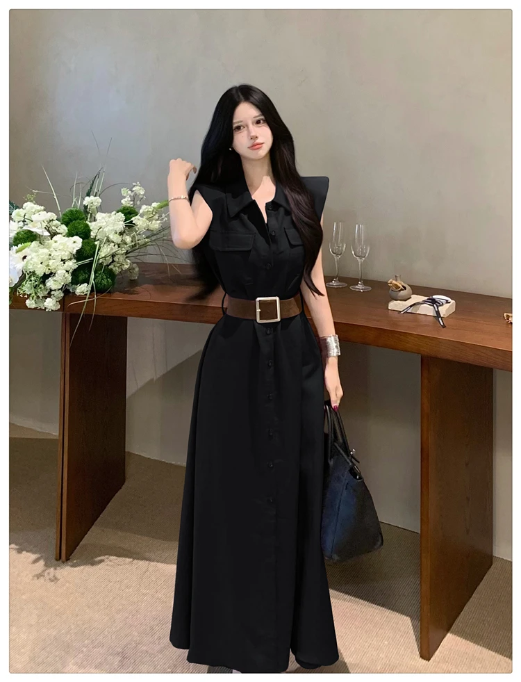 2025 Korean Style Turn-down Collar Single-breasted Sleeveless Long Purple Shirt Dress with Belt Women Elegant Fashion Summer New
