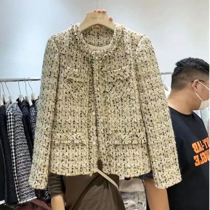 2024 New Spring Autumn Women's Jacket Tweed Small Fragrance Coat Short Korean Fashion Advanced Sense Temperament Tops Cardigan