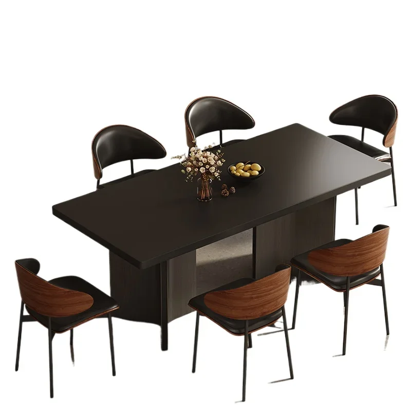 Italian minimalist pure black thickened rock slab dining table and chair combination modern simple small apartment rectangular t