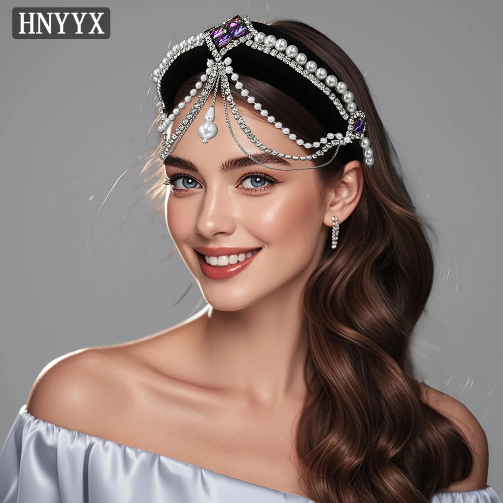 

HNYYX Vintage Pearl Rhinestone Tassel Hairband Luxury Wide Hairband Women Bridal Formal Occasions Party Prom Head Hoop YXA256