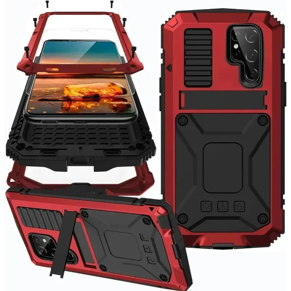 

Rugged Metal Case For Samsung S25 S24 S23 S22 S21 Ultra Plus Note 20 A32 Military Shockproof Cover with Screen Protector Stand