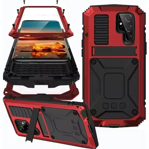 Rugged Metal Case For Samsung S25 S24 S23 S22 S21 Ultra Plus Note 20 A32 Military Shockproof Cover with Screen Protector Stand
