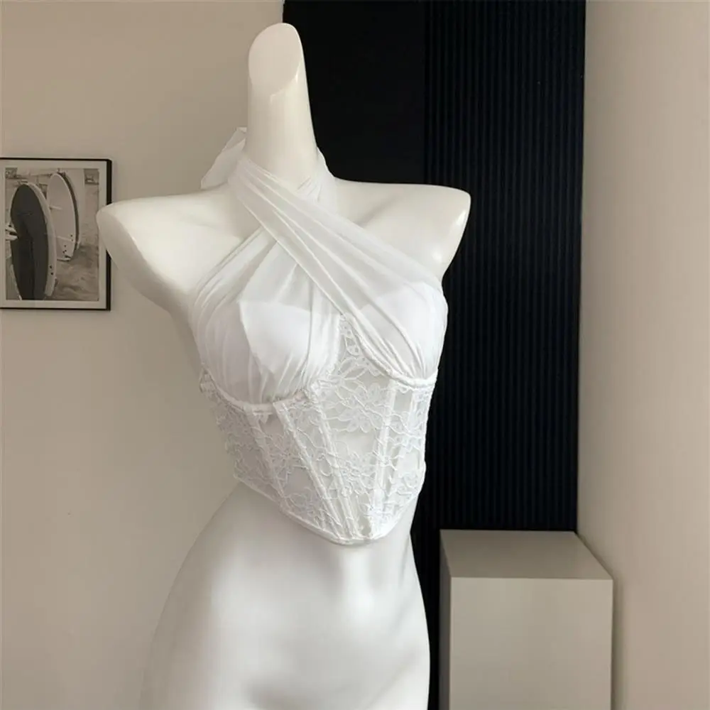 Mesh Lace Camisole Slim Fit Transparent Neck Halter Crop Tops Spicy Girl Style Suspender Vest Fishbone Corset Camisole Ladies
