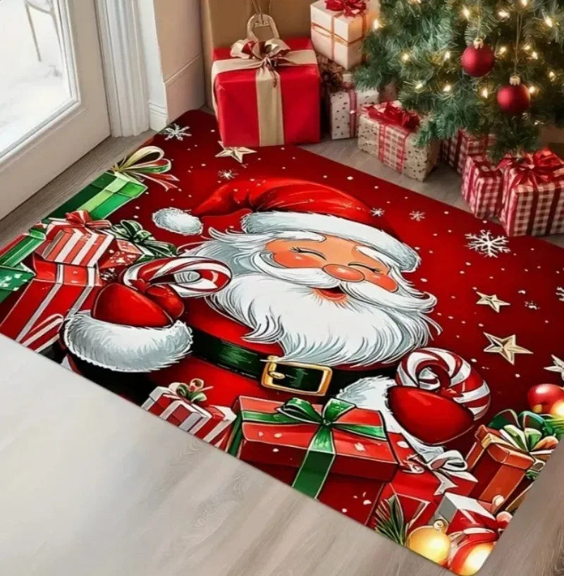 Santa Face Christmas Doormat Surrounded By Gift Boxes Candy Cane Print Indoor Outdoor Entryway Xmas Holiday Decor Welcome Mat