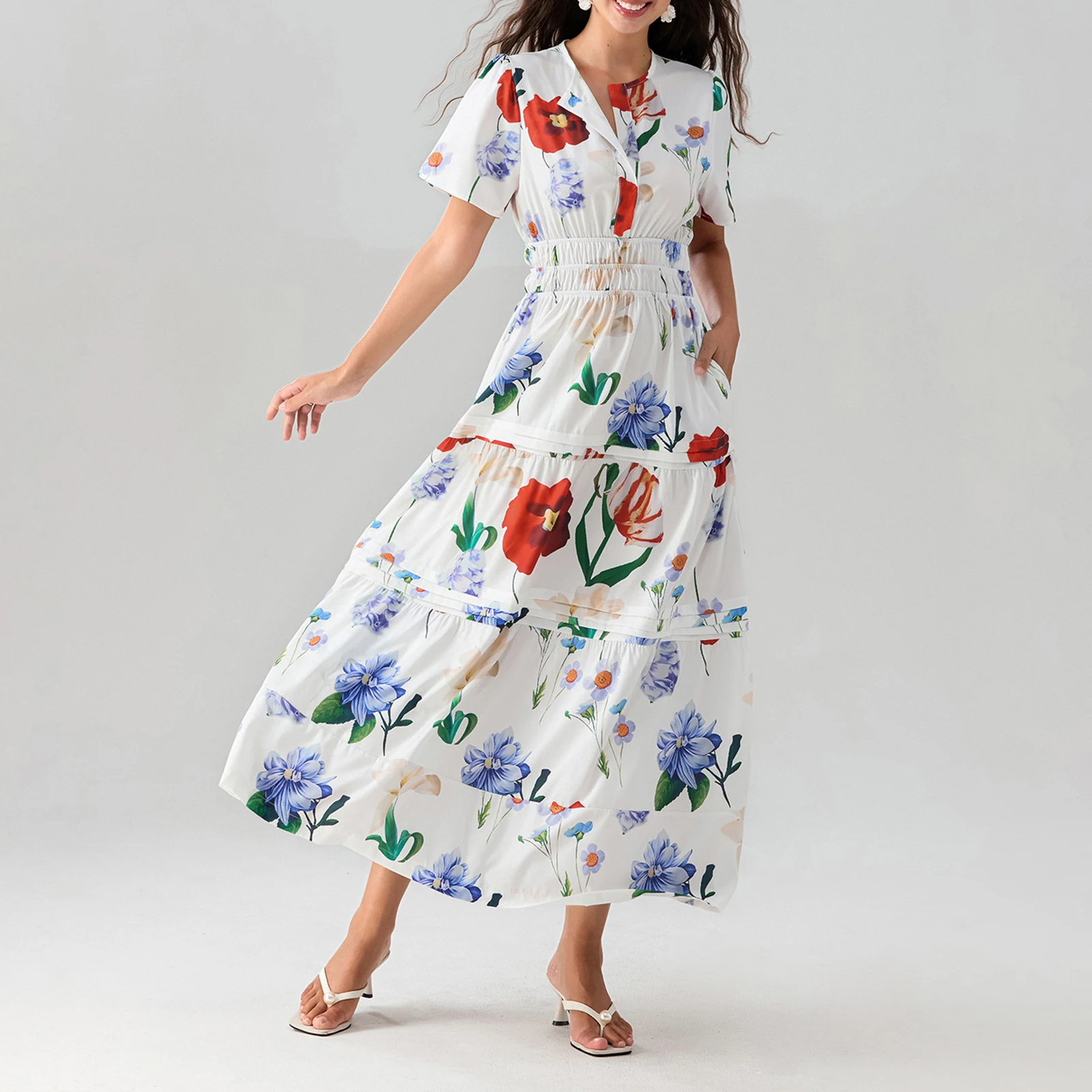 

Women Long Dress Smocked Waist Pintucked Hem Side Slant Pockets V-Neck Short Sleeve Flowy Dresses