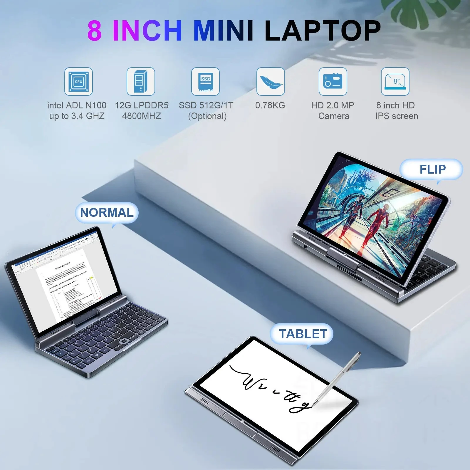 Mini Laptop Intel N100 8 Inch 12GB RAM 1TB SSD DDR5 Win11 4 Cores 4 Threads Touch Screen HD Camrea Notebook Wifi6 Compact Tablet