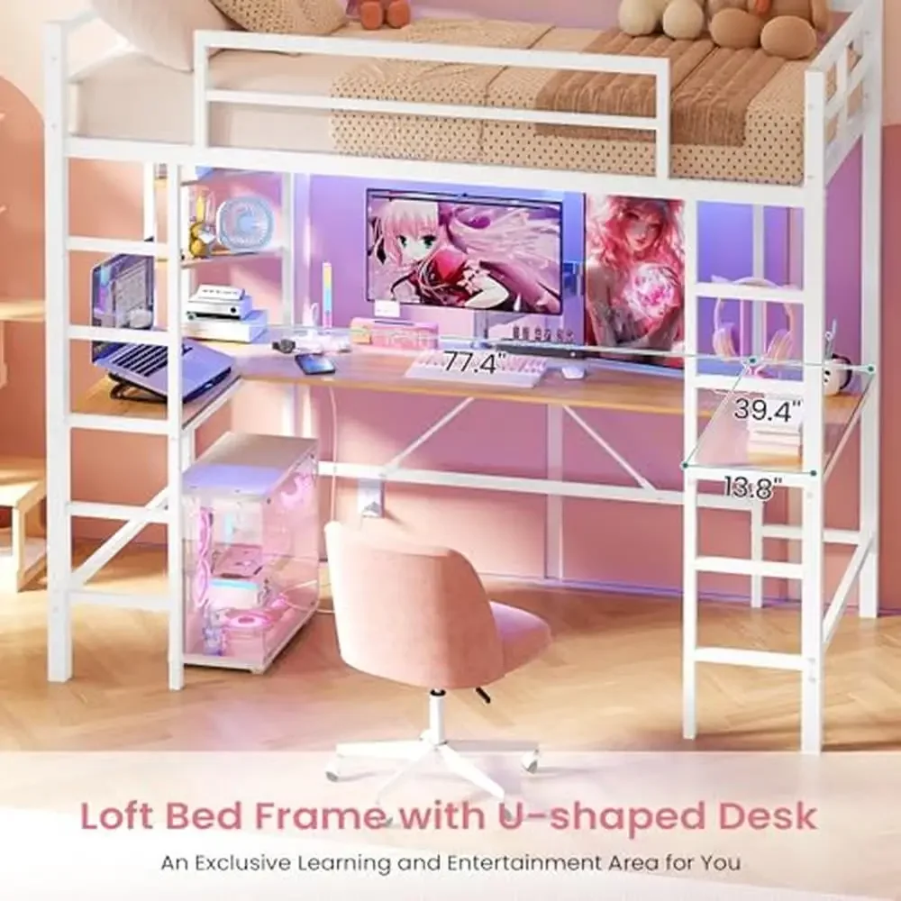 Twin Loft Bed with U-Shaped Desk Charging Station LED Lights Open Shelves Safety Guardrails Sturdy Steel Frame Easy Assembly image 5
