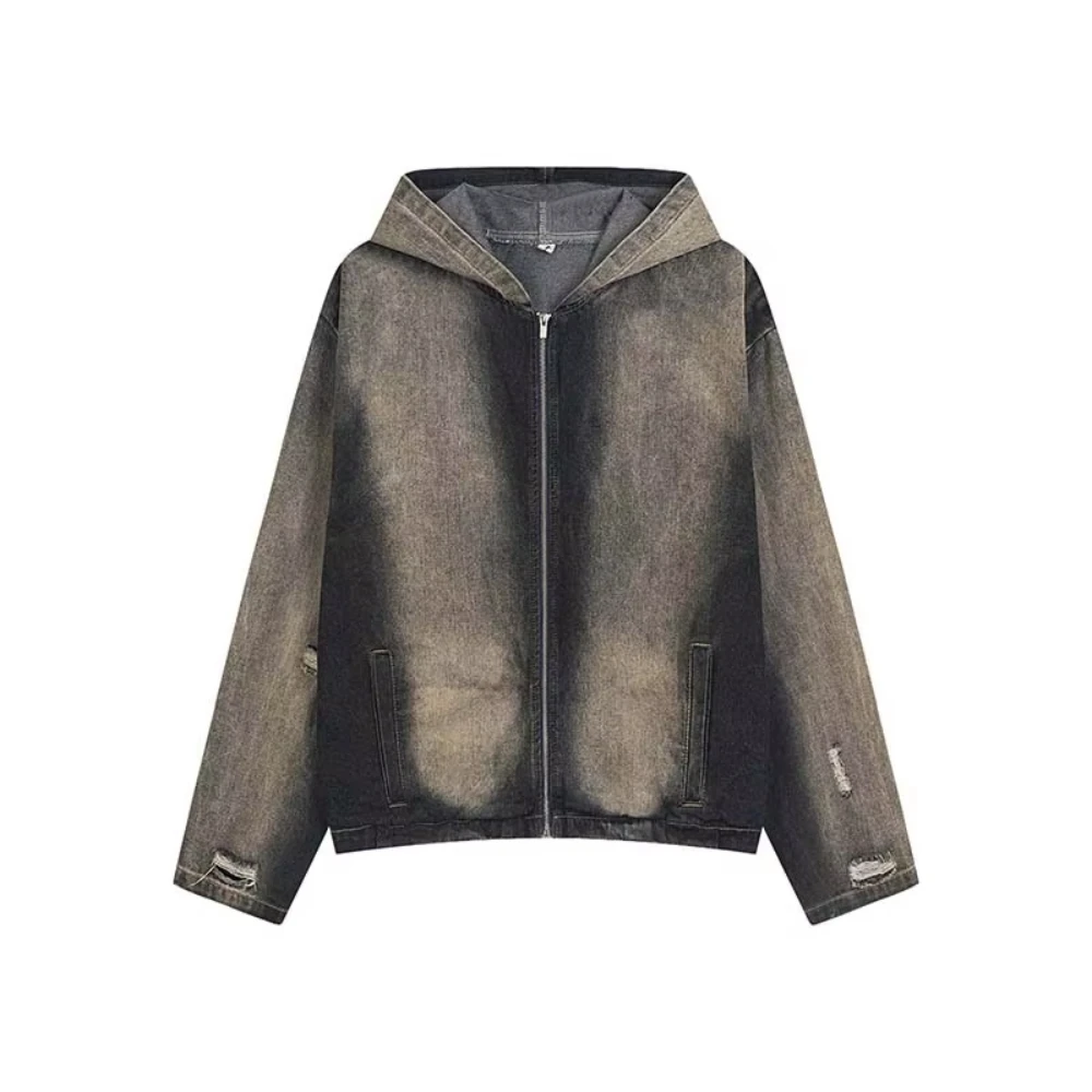 

Мужская уличная винтажная джинсовая куртка в стиле хип-хоп, уличная одежда, джинсовое пальто в стиле ретро, верхняя одежда большого размера с капюшоном, свободные топы