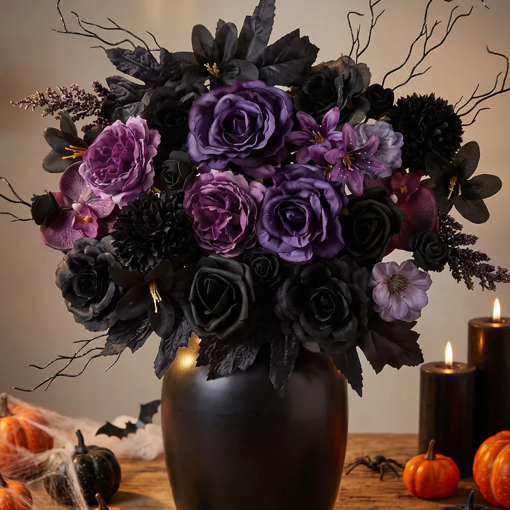 25 Stück Schwarz-Lila Künstliche Blumenköpfe Rose Orchidee Gänseblümchen für Halloween Tischdekoration Dunkle Hochzeit Gothic Dekor Vasen-Accessoire – Detail 6