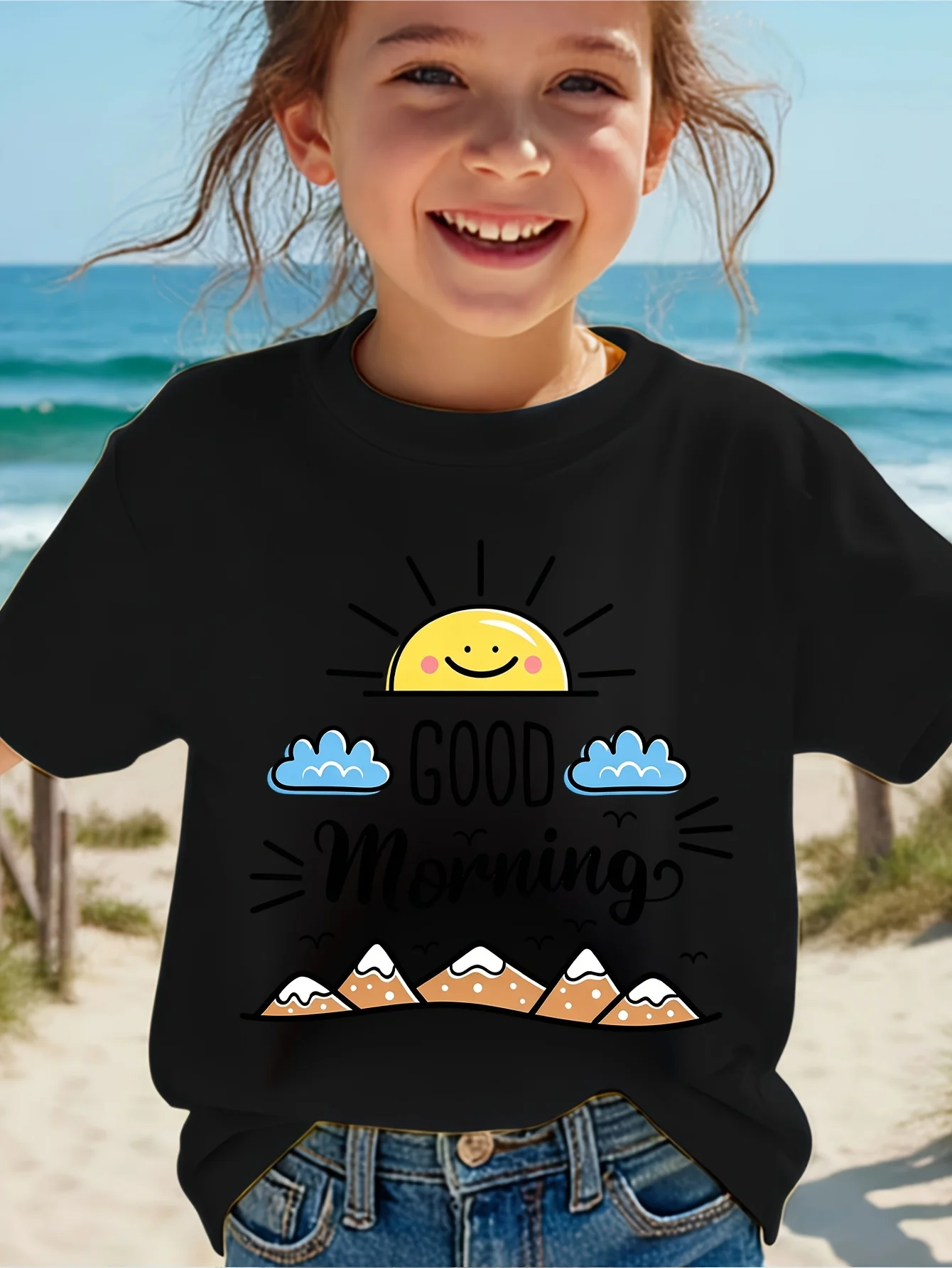 Cute Good Morning Sun Cloud Mountain Bird Graphic Family Matching T Shirt Boys Girls Short Sleeve Tees Parent Kid Summer Tops