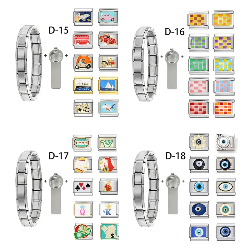 

12Pcs Colorful Car Eye Grids Chess Italian Charm Bracelet Set with Basic Chain and Tools For Woman Man New Year Gifts DIY Making