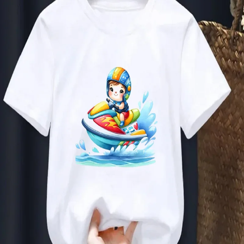 Boys Girls Cute Jet Ski Water Sport Cartoon Kid Print T‑Shirt Short Sleeve O‑Neck Casual Loose Kids Summer Daily Tees Tops