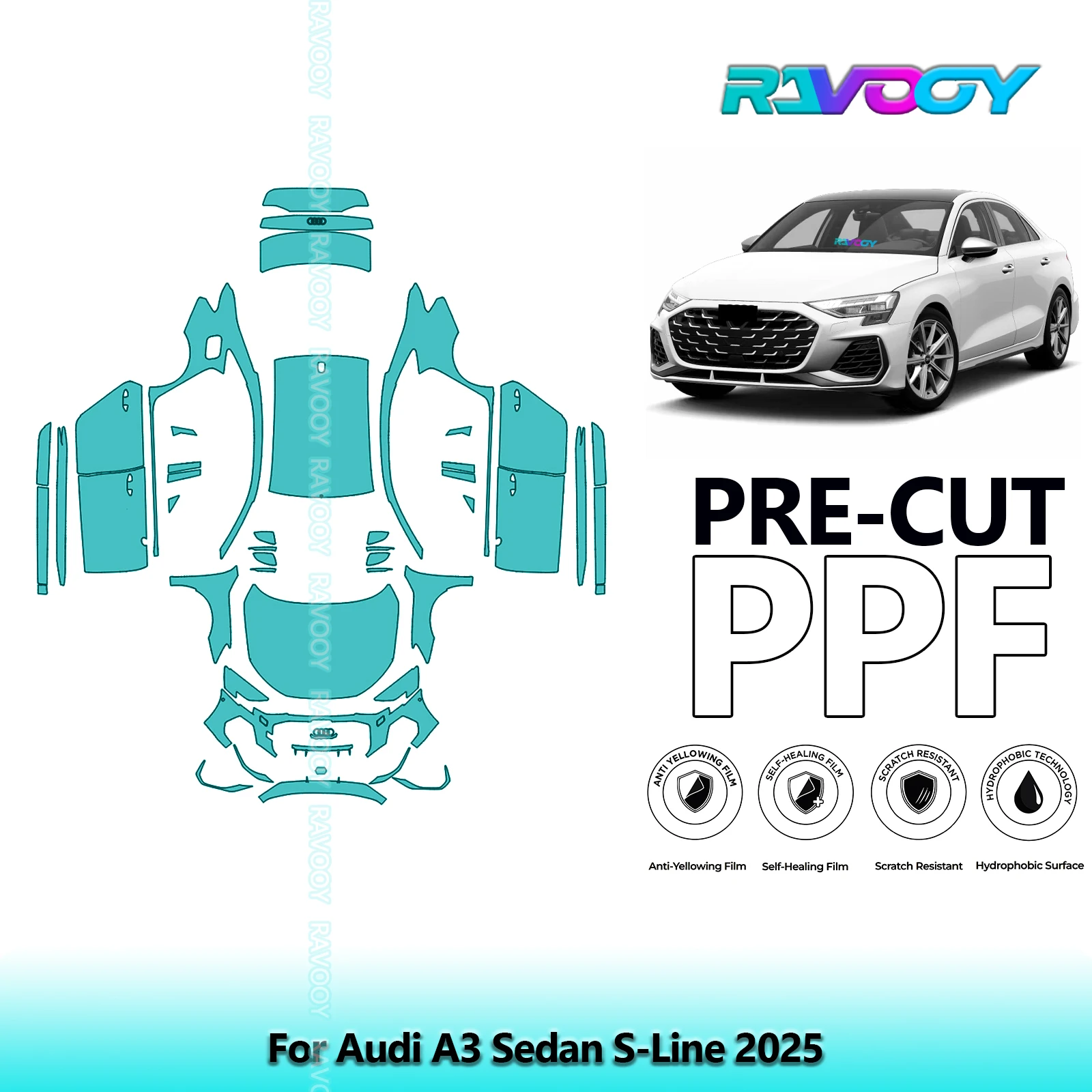 RAVOOY Custom-Fit Precut TPU PPF Full Vehicle Clear Bra Stone Guard EU UK For Audi A3 Sedan S-Line 2025