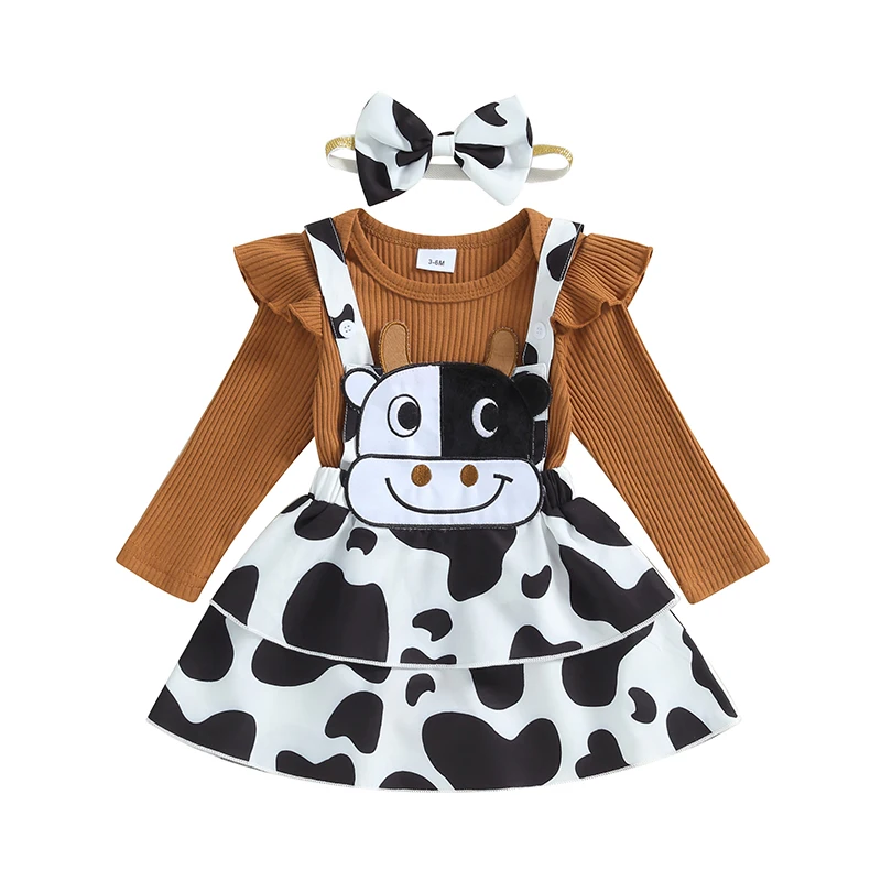 

Baby Girl Fall Outfit Solid Ribbed Long Sleeve Romper with Cow Pattern Suspender Skirt and Headband 3 Pcs Set