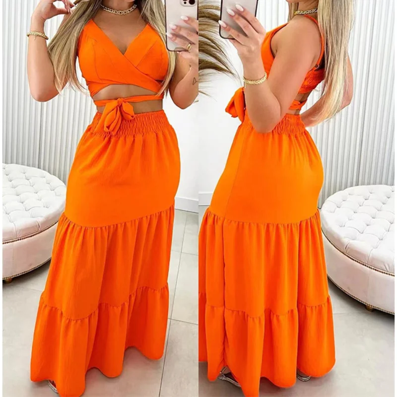 Two Piece Sets Womens Outifits Summer Fashion New Arrival V-Neck Sleeveless Cropped Top Vest & Casual High Waist Swing Skirt Set