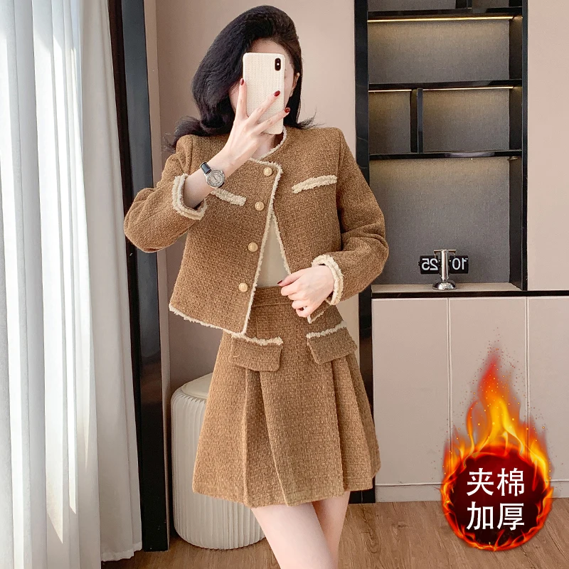 New Autumn Winter Women Thicken Tweed Skirt Suits Fashion Patchwork Short Jacket And High Waist Mini Skirt Two Piece Set