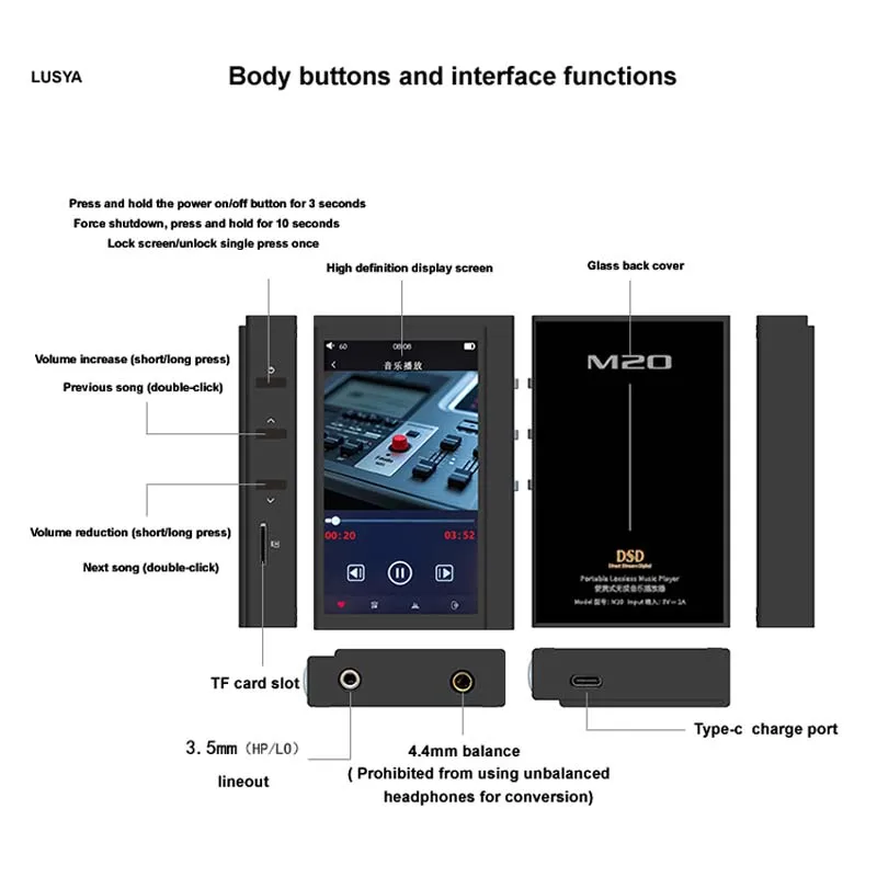 F. AUDIO M20 Portable HiFi Blutooth Music Player USB DAC ESS ES9039Q2M DAC Headphone Amplifier Audio Decoder Dongle 3.5+4.4mm