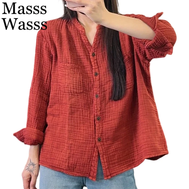

Masss Wasss 2026 British Fashion Classic V Neck Tops Women Spring Vintage Long Sleeve Shirts Ladies Casual Elegant Soild Blouses