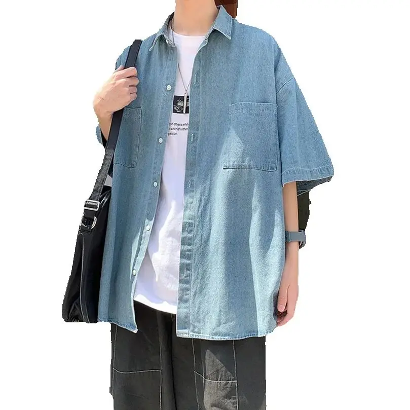 

Men's Washed Denim Half Sleeve Shirt Casual Loose Streetwear Lapel Tops Fashion Couple Matching Outfits Summer Thin Jean Shirt