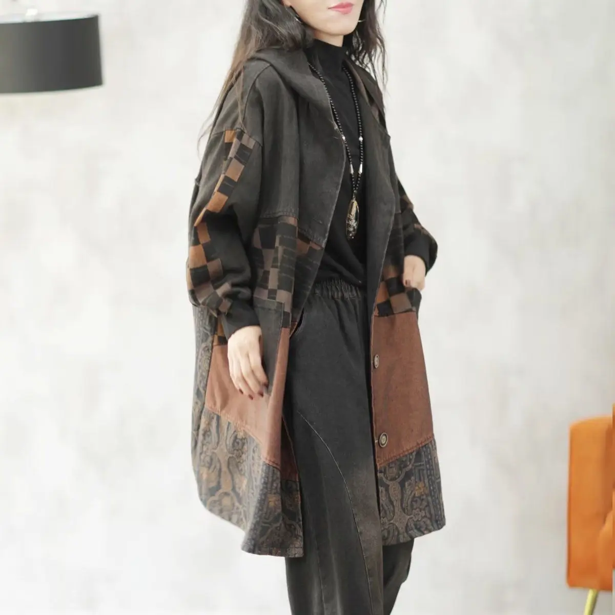 

Large size denim trench coat women's 2025 autumn hooded retro print splicing ethnic style coat