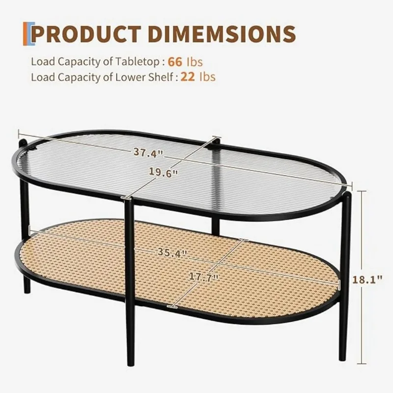 2-Tier Rattan Coffee Table, Boho Oval Coffee Table with Tempered Glass Top, Farmhouse Water for Living Room Office Home