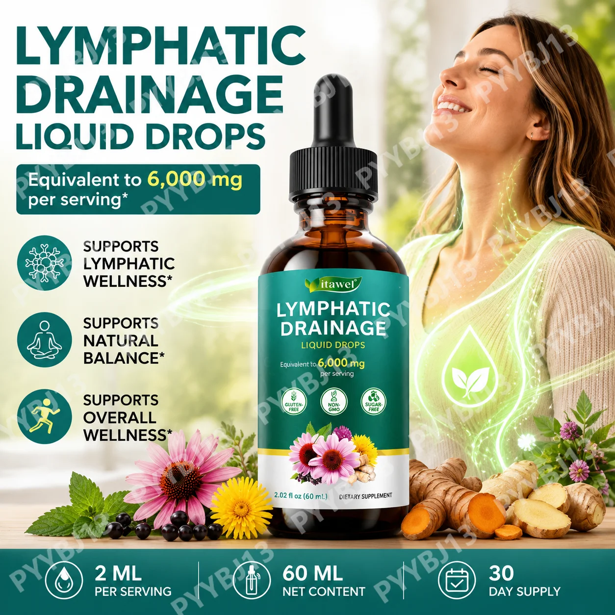 Itawel Sugar Free Vegan Lymphatic Drainage Tincture Herbal Supplements, 21‑in‑1 Extract for Body’s Natural Balance &Support