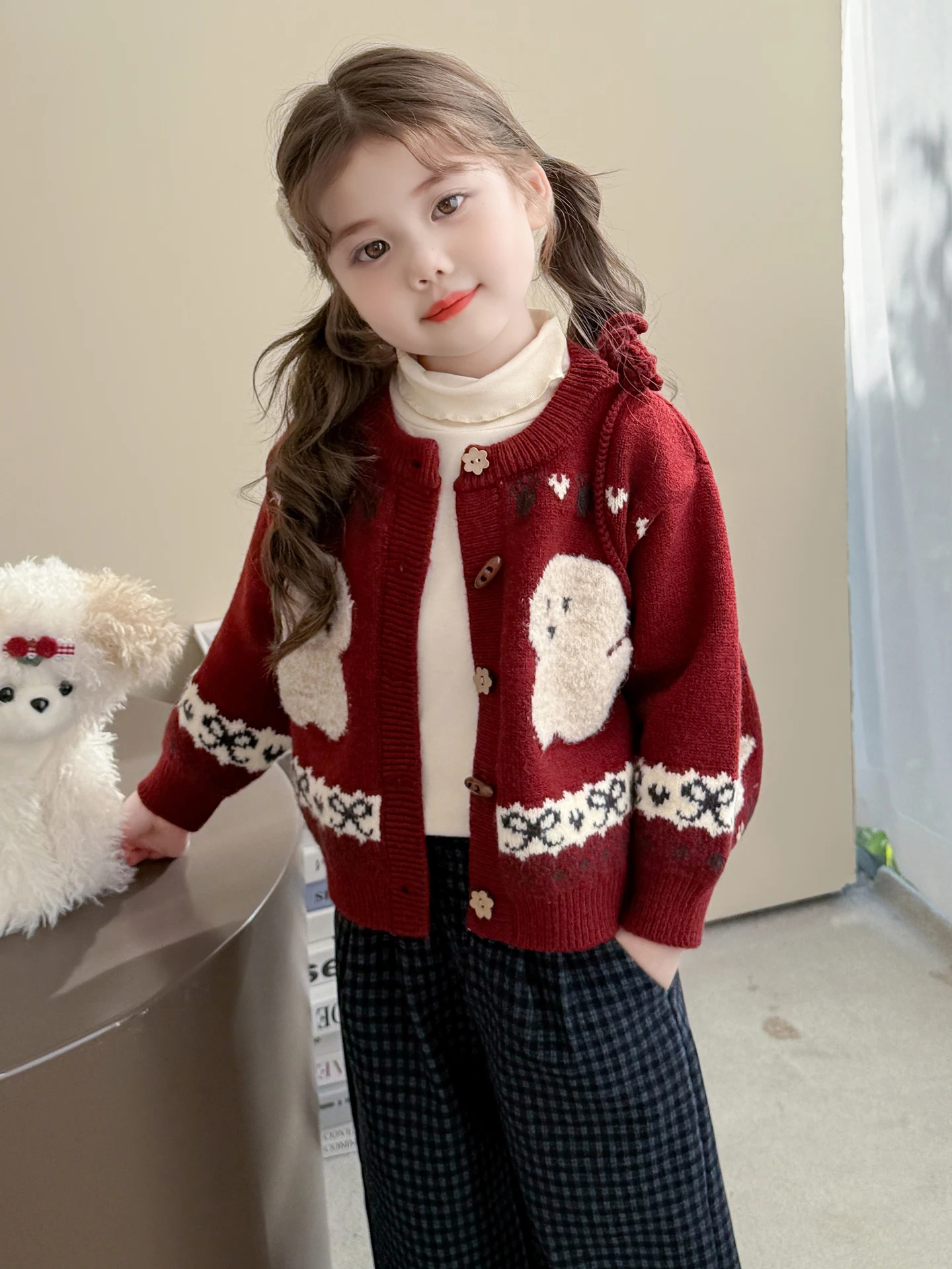 

Korean Sle Girls Knitted Cardigan Sweater Cartoon Print Autumn Winter Warm Outerwear Baby Coat Trendy Children's Faion