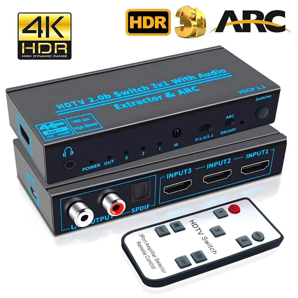 

1-3PCS 3x1 HDCP 2.2 Audio Switch 4K 60Hz Audio Extractor ARC SPDIF HDMI-Compatible Switcher Converter For PS5 Xbox TV Laptop