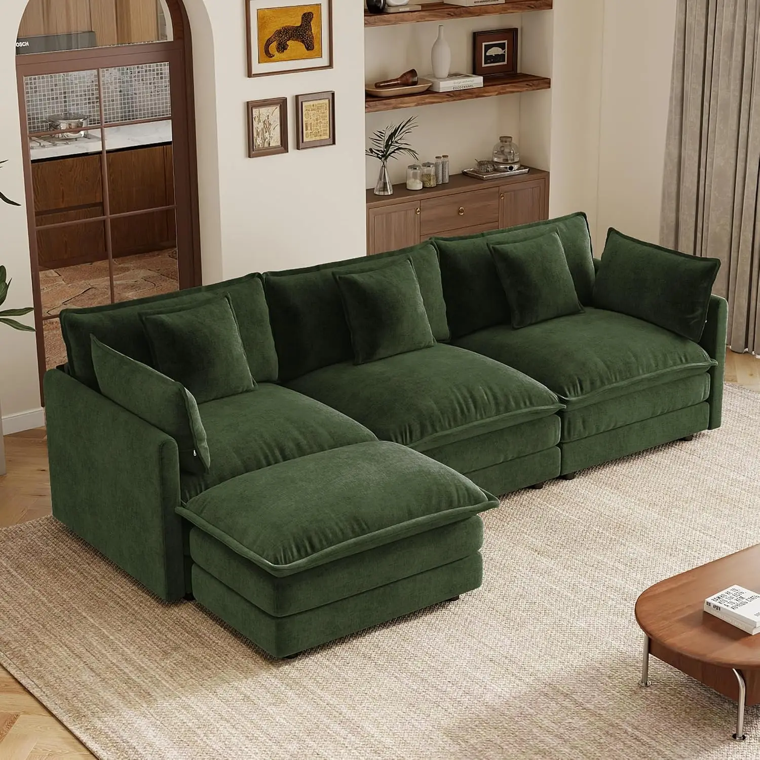 Green L Shaped Modular Sectional Sofa, 3 Seater, 103.8