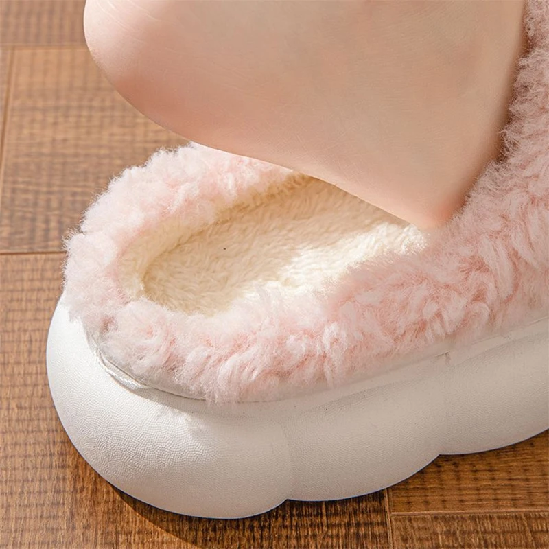Sweet Pink Bowknot Warm Fur Home Slippers Women Winter Thick Platform Fuzzy Lined Shoes Woman Indoor Anti Slip Cotton Slippers - view 4
