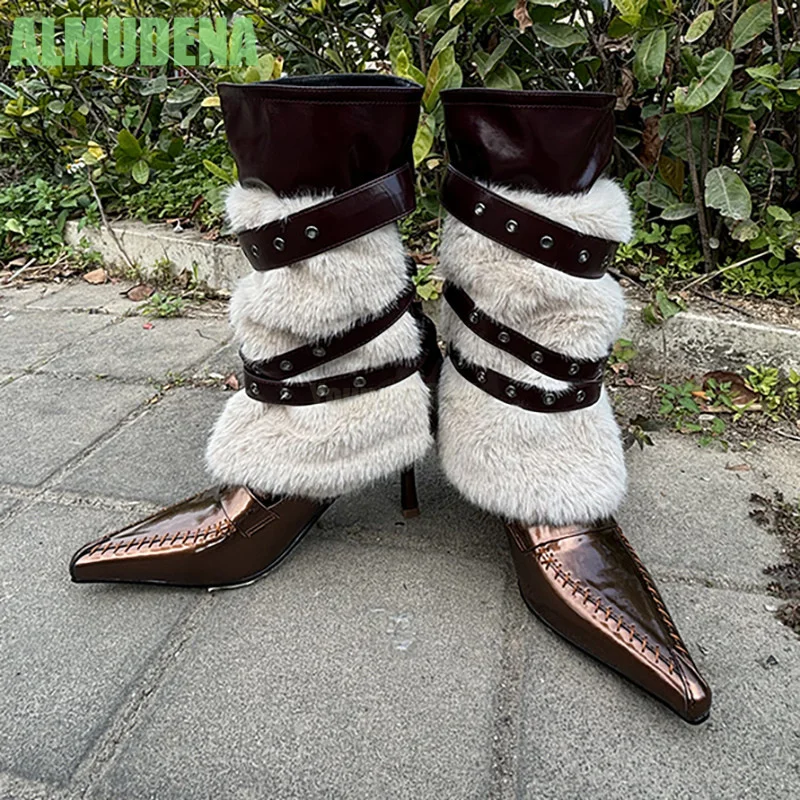 

Belt Buckle, Thick Heel, Pointed Toe Short Boots Fashionable Sleeve Brown Rivet Temperament Long Furry Decoration Mid Leg Boots