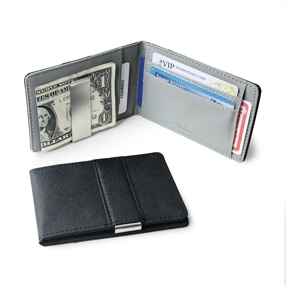 Hot Sale Fashion Solid Men's Thin Bifold Money Clip Leather Wallet with A Metal Clamp Female ID Credit Card Purse Cash Holder